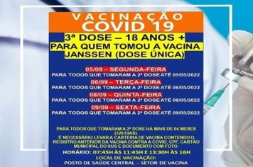 3ª DOSE (REFORÇO JANSSEM) PARA MAIORES DE 18 ANOS