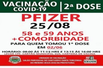 2ª DOSE DA VACINA PFIZER PARA VACINADOS EM 02/06/21