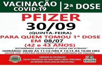 2ª DOSE PFIZER PARA VACINADOS EM 08/07/21