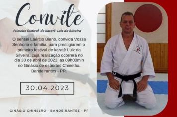 Acontece, neste domingo (30), no Ginásio de Esportes 14 de Novembro (Chinelão) o primeiro evento de Karatê de Bandeirantes em parceria com a prefeitura de Bandeirantes através do departamento de Esportes.