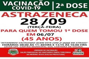 2ª DOSE ASTRAZENECA PARA VACINADOS EM 06/07/2021
