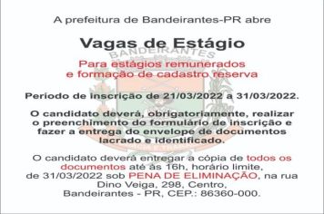 Prefeitura de Bandeirantes abre novas inscrições de Teste Seletivo para estágio