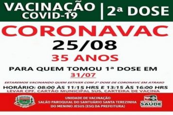 2ª DOSE CORONAVAC PARA VACINADOS EM 31/07/21