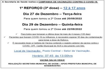 3ª DOSE (REFORÇO) PARA MAIORES DE 12 A 17 ANOS