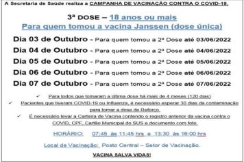 3ª DOSE (REFORÇO JANSSEM) PARA MAIORES DE 18 ANOS