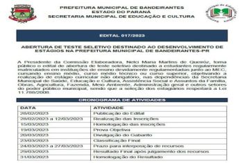 Prefeitura de Bandeirantes abre novas inscrições de Teste Seletivo para estágio