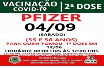 2ª DOSE PFIZER PARA VACINADOS EM 12/06/21 (55 E 66 ANOS)