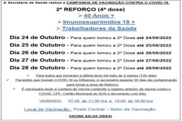 2º DOSE DE REFORÇO (4º DOSE) PARA MAIORES 40 ANOS/IMUNOSSUPRIMIDOS 18+/TRAB. SAUDE