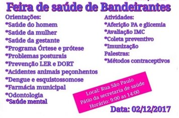 Secretaria da Saúde realiza neste sábado, 02, ‘Feira da Saúde’