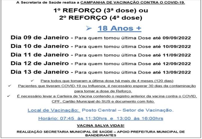 3ª e 4ª DOSE PARA MAIORES DE 18 ANOS