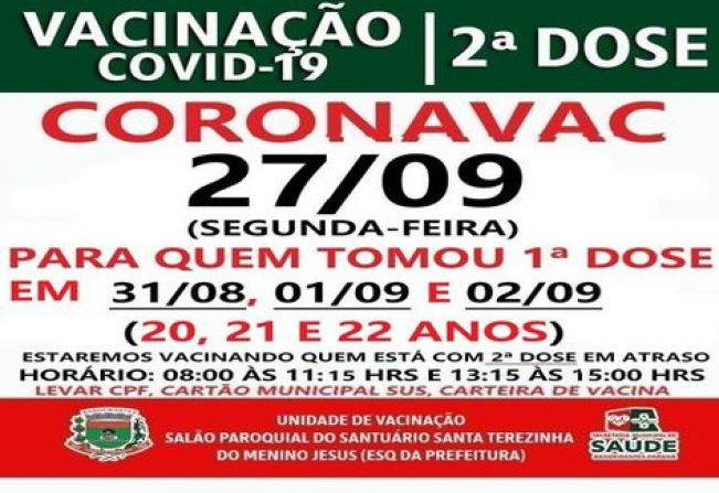 2ª DOSE CORONAVAC VACINADOS ENTRE 31/08/21 E 02/09/21