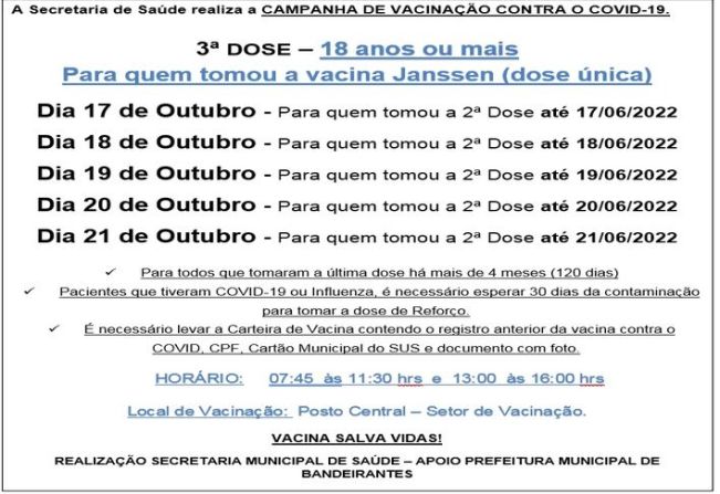 3ª DOSE (REFORÇO JANSSEM) PARA MAIORES DE 18 ANOS