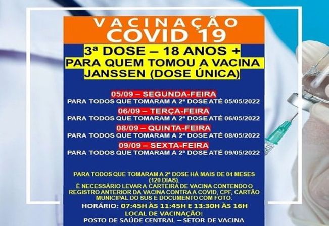 3ª DOSE (REFORÇO JANSSEM) PARA MAIORES DE 18 ANOS