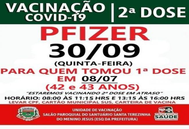 2ª DOSE PFIZER PARA VACINADOS EM 08/07/21