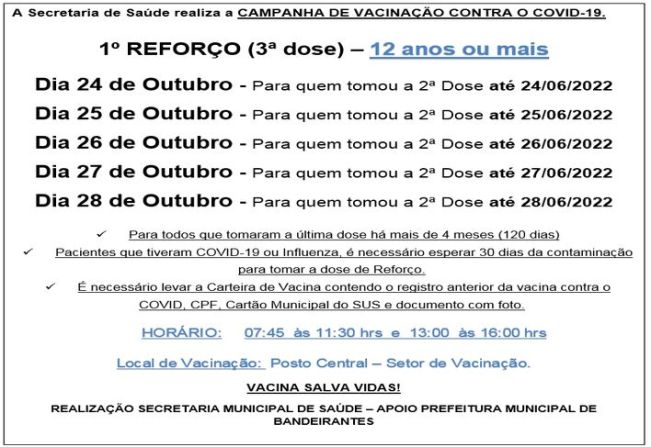 3ª DOSE (REFORÇO) PARA MAIORES DE 12 ANOS