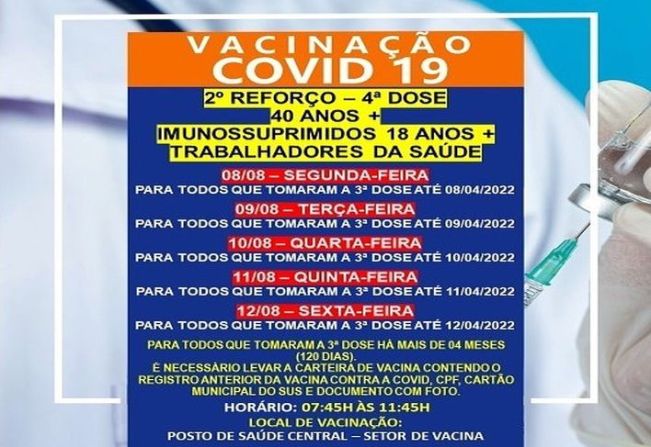 2º DOSE DE REFORÇO (4º DOSE) PARA MAIORES 18 ANOS/IMUNOSSUPRIMIDOS 18+/TRAB. SAUDE