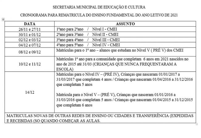 CRONOGRAMA PARA REMATRICULA DO ENSINO FUNDAMENTAL DO ANO LETIVO DE 2021