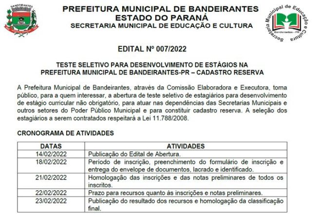 Prefeitura de Bandeirantes abre inscrições de Teste Seletivo para estágio