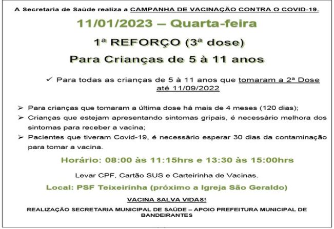 3ª DOSE (REFORÇO) PARA CRIANÇAS DE 5 A 11 ANOS