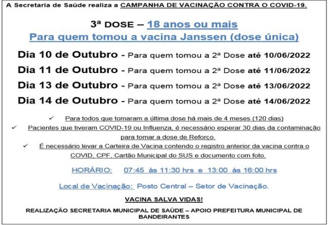 3ª DOSE (REFORÇO JANSSEM) PARA MAIORES DE 18 ANOS