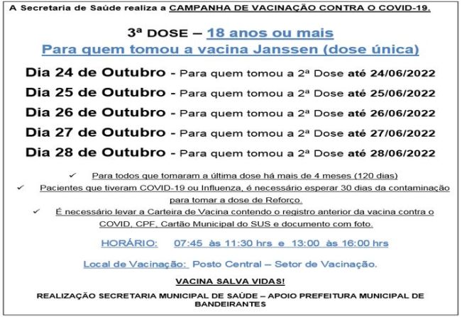 3ª DOSE (REFORÇO JANSSEM) PARA MAIORES DE 18 ANOS