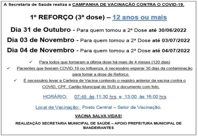 3ª DOSE (REFORÇO) PARA MAIORES DE 12 ANOS