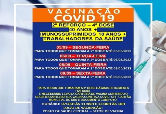 2º DOSE DE REFORÇO (4º DOSE) PARA MAIORES 40 ANOS/IMUNOSSUPRIMIDOS 18+/TRAB. SAUDE