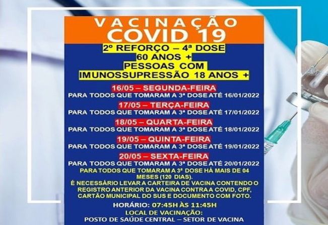 2º DOSE DE REFORÇO (4º DOSE) PARA MAIORES 60 ANOS/IMUNOSSUPRIMIDOS 18+