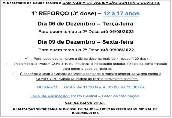 3ª DOSE (REFORÇO) DE 12 ANOS A 17 ANOS