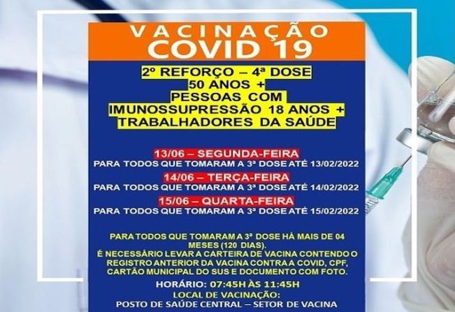 2º DOSE DE REFORÇO (4º DOSE) PARA MAIORES 60 ANOS/IMUNOSSUPRIMIDOS 18+/TRAB. SAÚDE