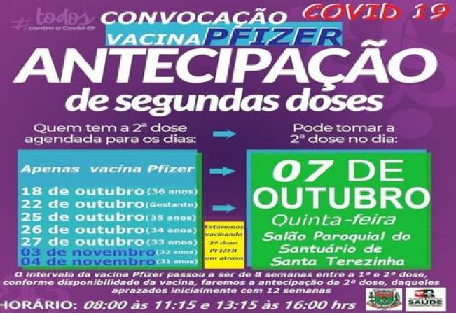ANTECIPAÇÃO DE 2ª DOSE PFIZER PARA DIVERSOS GRUPOS!