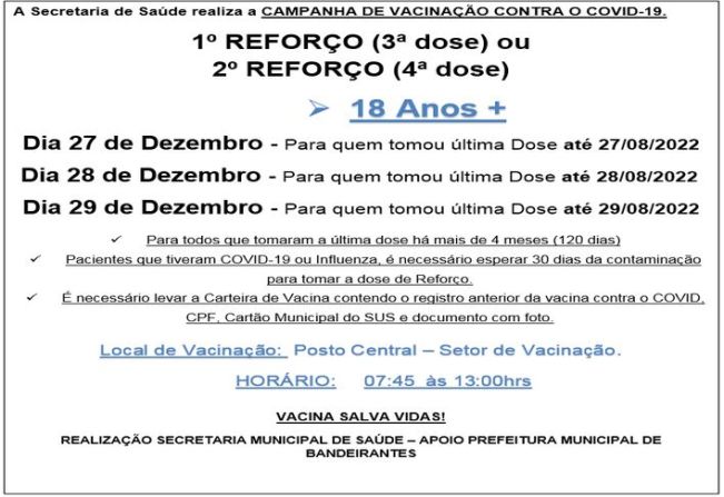 REFORÇO (3ª E 4ª DOSE) PARA MAIORES DE 18 ANOS 