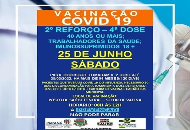 2º DOSE DE REFORÇO (4º DOSE): 40 ANOS+/IMUNOSSUPRIMIDOS 18+/TRABALHADORES SAUDE