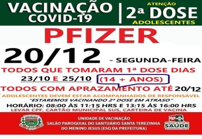 2ª DOSE PFIZER PARA VACINADOS EM 23/10 E 25/10