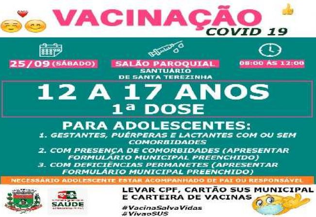 VACINAÇÃO COVID-19 12 A 17 ANOS PARA COMORBIDADES, DEFICIENTES, E GRÁVIDAS 