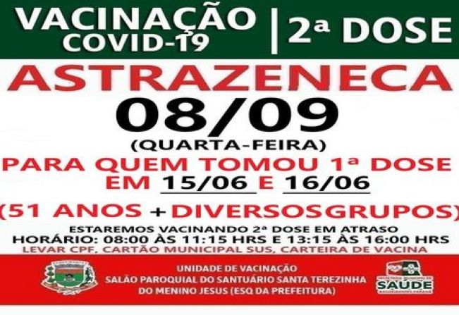 2ª DOSE ASTRAZENECA VACINADOS EM 16/06/2021 E ATRASADOS