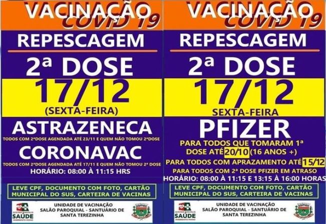 REPESCAGEM 2ª DOSE PFIZER, ASTRAZENECA, CORONAVAC